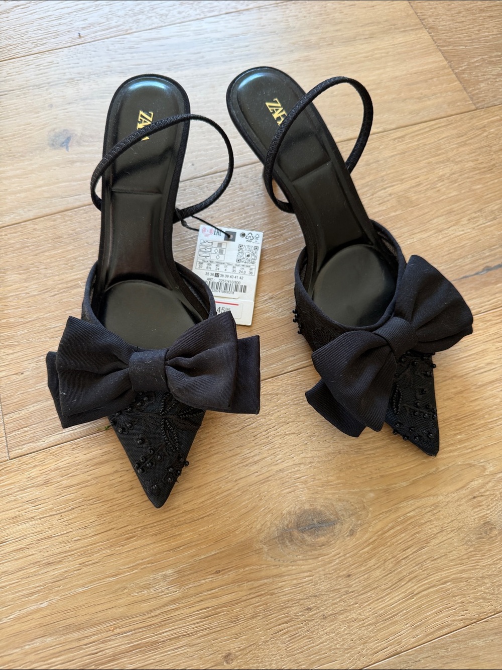 Zara Black Pointed Bow Slingback Heels with Bead Detail